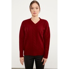Sementa Saç Örgülü V Yaka Triko Kazak - Kırmızı