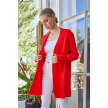 Dnz Fashion Dnz Bayan  Sırtı Çizgili Cepli  Maxi Boy Nar Yün Hırka