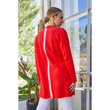 Dnz Fashion Dnz Bayan  Sırtı Çizgili Cepli  Maxi Boy Nar Yün Hırka