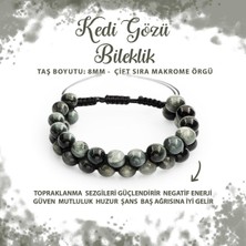Deniz Doğal Taş Sertifikalı Kedi Gözü 8mm Çift Sıra Makrome Doğal Taş Bileklik