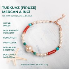 Deniz Doğal Taş Sertifikalı Hakiki Turkuaz (Firuze) Mercan Inci Doğal Taşlı Gümüş Bileklik