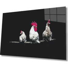 Kırmızı Ayı Horozlar Cam Tablo