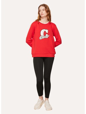 Caterpillar Bisiklet Yaka Baskılı Kırmızı Kadın Sweatshirt C23WL-SWT08