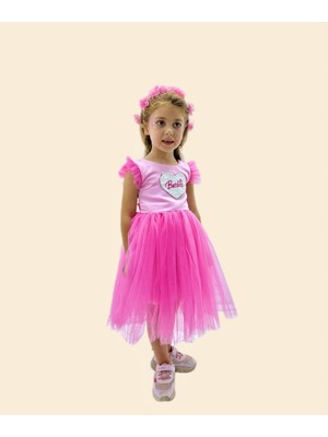 VİTASTORETR Barbie Pul Baskılı Çiçek Tokalı Pembe Tüllü Abiye Elbise