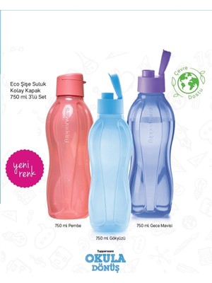 Tupperware Eco Şişe Suluk 750 ml 3'lü Set Kolay Kapak Pembe Gökyüzü Gece Mavisi