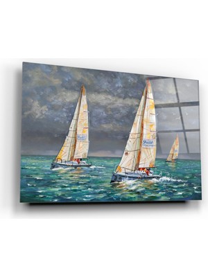 Kırmızı Ayı Yelkenliler Cam Tablo