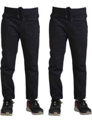 Mavimoure Unisex Çocuk Rahat Kalıp Ribana Bel Canvas Keten Okul Pantolonu 2 Adet
