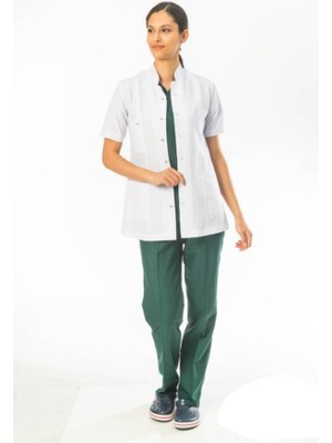 Seza Hakim Yaka Kısa Boy Kısa Kol Beyaz Önlük