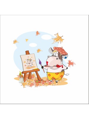 Reysa Tasarım Sonbahar Resim Çizen Inek Sticker Duvar Sticker 30X20 cm