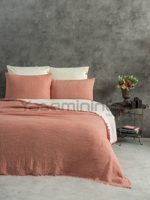Yaseminin Evi kiremit rengi Müslin Yatak Örtüsü / Pike Seti (2 Yastık Kılıflı)