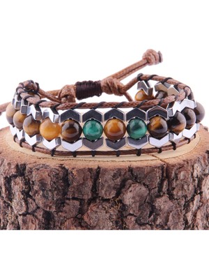 Deniz Doğal Taş Sertifikalı Kaplan Gözü, Malakit   ( Taşlar) Doğaltaş Bileklik B884