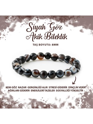 Deniz Doğal Taş Sertifikalı Siyah Göz Akik 8mm Doğal Taş Bileklik