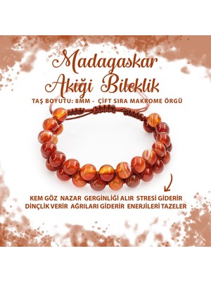 Deniz Doğal Taş Sertifikalı Madagaskar Akiği 8mm Çift Sıra Makrome Doğal Taş Bileklik