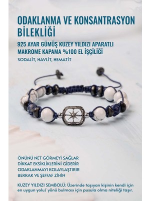 Deniz Doğal Taş Sertifikalı Odaklanma ve Konsantrasyon Bilekliği 925 Ayar Gümüş Kuzey Yıldızı Aparatlı