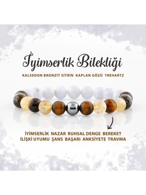 Deniz Doğal Taş Sertifikalı Iyimserlik Doğal Taş Bileklik Kalsedon Bronzit Sitrin Kaplan Gözü Trehartz 8mm B0013