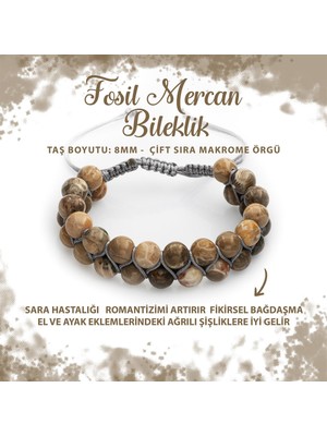 Deniz Doğal Taş Sertifikalı Fosil Mercan 8mm Çift Sıra Makrome Doğal Taş Bileklik