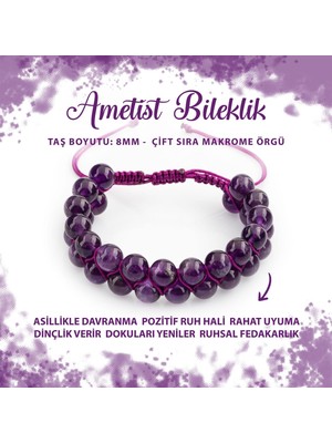 Deniz Doğal Taş Sertifikalı Ametist 8mm Çift Sıra Makrome Doğal Taş Bileklik