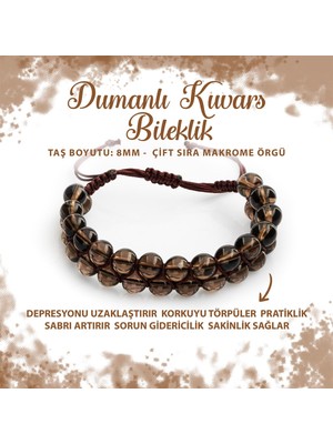 Deniz Doğal Taş Sertifikalı Dumanlı Kuvars 8mm Çift Sıra Makrome Doğal Taş Bileklik
