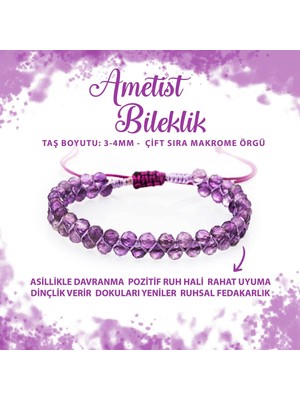 Deniz Doğal Taş Sertifikalı Ametist 3-4mm Çift Sıra Doğal Taş Bileklik