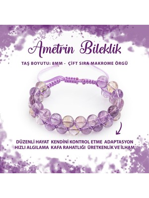 Deniz Doğal Taş Sertifikalı Ametrin 8mm Çift Sıra Makrome Doğal Taş Bileklik