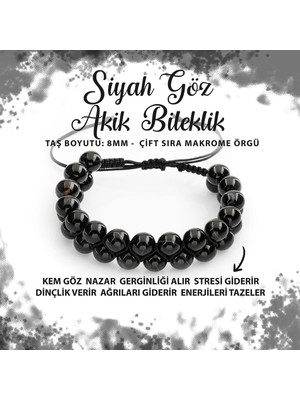 Deniz Doğal Taş Sertifikalı Siyah Göz Akik 8mm Çift Sıra Makrome Doğal Taş Bileklik
