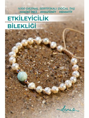 Deniz Doğal Taş Sertifikalı Doğal Taşlı Etkileyicilik Bilekliği, Amazonit, Inci, Hematit