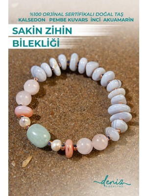 Deniz Doğal Taş Sertifikalı Doğal Taşlı Sakin Zihin Bilekliği, Kalsedon, Inci, Akuamarin, Pembe Kuvars, Hematit