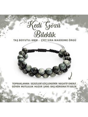 Deniz Doğal Taş Sertifikalı Kedi Gözü 8mm Çift Sıra Makrome Doğal Taş Bileklik