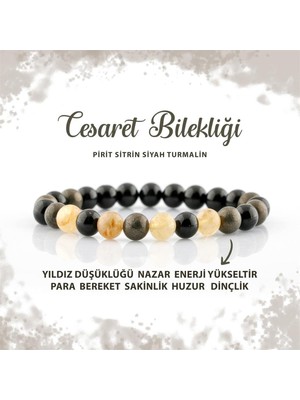 Deniz Doğal Taş Sertifikalı Cesaret Doğal Taş Bileklik Pirit Sitrin Siyah Turmalin  8mm B0010