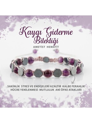 Deniz Doğal Taş Sertifikalı Kaygı Giderme Doğal Taş Bileklik Ametist Hematit 6mm B0014