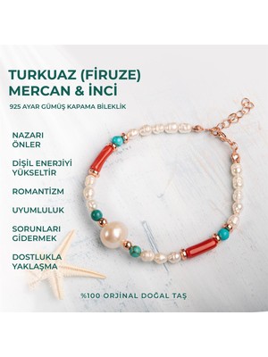 Deniz Doğal Taş Sertifikalı Hakiki Turkuaz (Firuze) Mercan Inci Doğal Taşlı Gümüş Bileklik