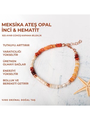 Deniz Doğal Taş Sertifikalı Meksika Ateş Opal & Inci Doğal Taşlı Gümüş Bileklik