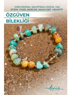 Deniz Doğal Taş Sertifikalı Doğal Taşlı Özgüven Bilekliği, Sitrin, Amazonit, Fosil Mercan
