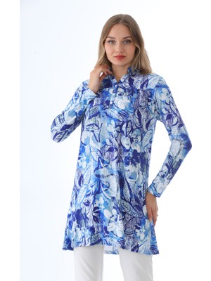 Penye Bizden Kadın Desenli Viskon Full Likralı Tunik-Mavi