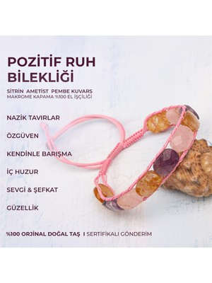 Deniz Doğal Taş Sertifikalı Pozitif Ruh Bilekliği Ametist Pembe Kuvars Sitrin Doğal Taşlı %100 El Işçiliği