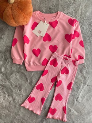 Yiğit Butik Yigit Butik Kalp Baskılı Kız Çocuk Takım