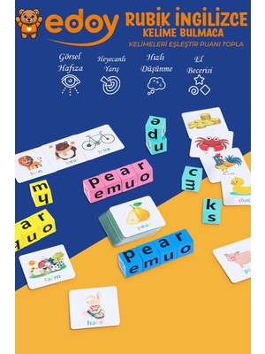 Edoy Rubik Ingilizce Bulmaca Zeka ve Görsel Hafıza Geliştirici Oyuncak 40 Adet Kart 16 Küp 1 Zil