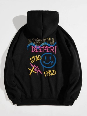 Daxia Kadın Siyah Deeper Baskılı Oversize Kapüşonlu Sweatshirt