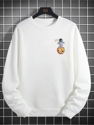 Daxia Beyaz Unisex Gezegen Sırt Baskı Detaylı Sweatshirt