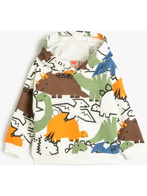 Koton Kapşonlu Dinozorlu Sweatshirt Baskılı Uzun Kollu Şardonlu