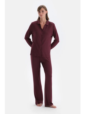 Bordo Basıc Penye Modal Gömlek Pantolon Örme Pijama Takımı