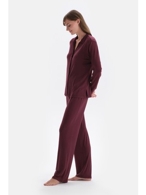 Bordo Basıc Penye Modal Gömlek Pantolon Örme Pijama Takımı