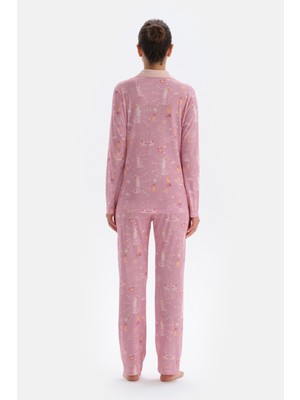 Pembe Metraj Baskılı Gömlek Pantolon Pijama Takımı