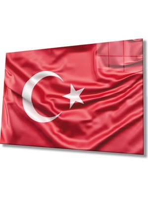 Kırmızı Ayı Kırmızı Dalgalı  Türk Bayrağı Cam Tablo
