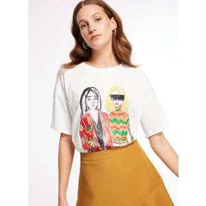 Bisiklet Yaka Baskılı Kırık Beyaz Kadın T-Shirt F3WL-TST5