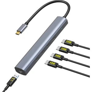 Nr7 5in1 Type-C Hub To 4 Adet Type-C Pd 60W Port 1 Adet USB 3.0 Port 10GBPS Veri Aktarım Hızı Alüminyum Kasa