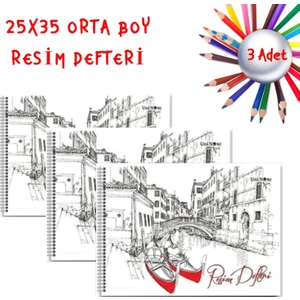 25X35 Spiralli Karton Kapak 15 Yaprak Resim Defteri 3 Adet