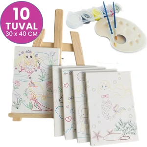 Kuytu Sanat Küçük Ressam Seti - 10 Adet 30 x 40 Önçizimli Tuval, 2 Adet Fırça, Palet, 12'li Boya ve Mini Şövale
