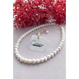 Crazy Takı Tasarım 8 mm Hakiki Beyaz Inci Kolye (Kültür Incisi) 925 Ayar Gümüş