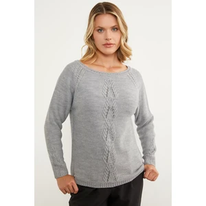 Kayık Yaka Motif Detaylı Triko Kazak - Gri